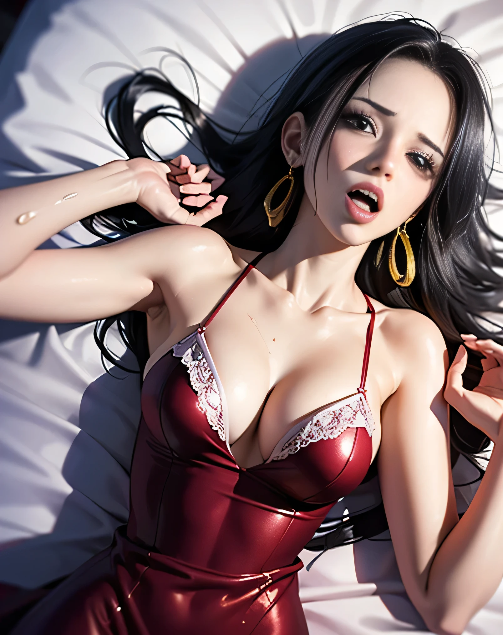 (photorealistic:1.6),(High resolution:1.6),(solo, one woman:1.5),(Thin woman:1.2),(big eyes),(large eyes),(Black hair:1.3),(cool beauty),chuuChloe,(Personality is lewd),(Slender Body),(amazing orgasm:1.5),(small breasts:1.2),(Ecstasy:1.5),(masochistic),(being sexually tortured:1.5),(Fainted face:1.5),(camisole dress:1.4),(absentminded:1.5),(lie on back in bed:1.3),(be exhausted:1.3),(Expressions of pain),(Reached sexual climax:1.3),(ahegao:1.3),nvdiboya,BoaHancockV2