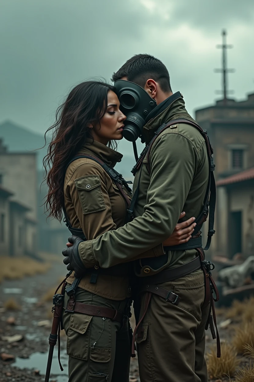 an image of a couple struggling to survive in a post-apocalyptic world devastated by nuclear war. They should appear worn and battle-hardened, wearing makeshift protective gear, such as tattered clothing and gas masks. The couple should be huddled together in a desolate, irradiated wasteland, surrounded by ruined buildings, barren landscapes, and a sky filled with ominous clouds. The mood should be tense and somber, reflecting their determination to protect each other while facing the harsh realities of their world