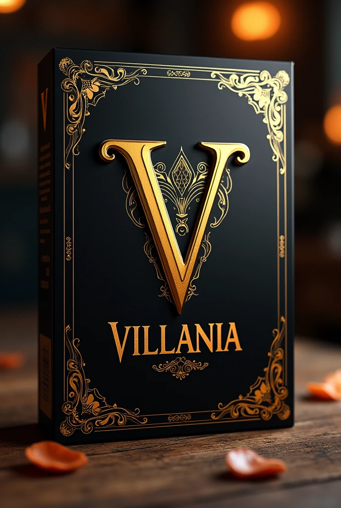 Create a cereal bar with the packaging saying Villania with a logo with a V, with the source (saloon) with the colors black and gold. flavor