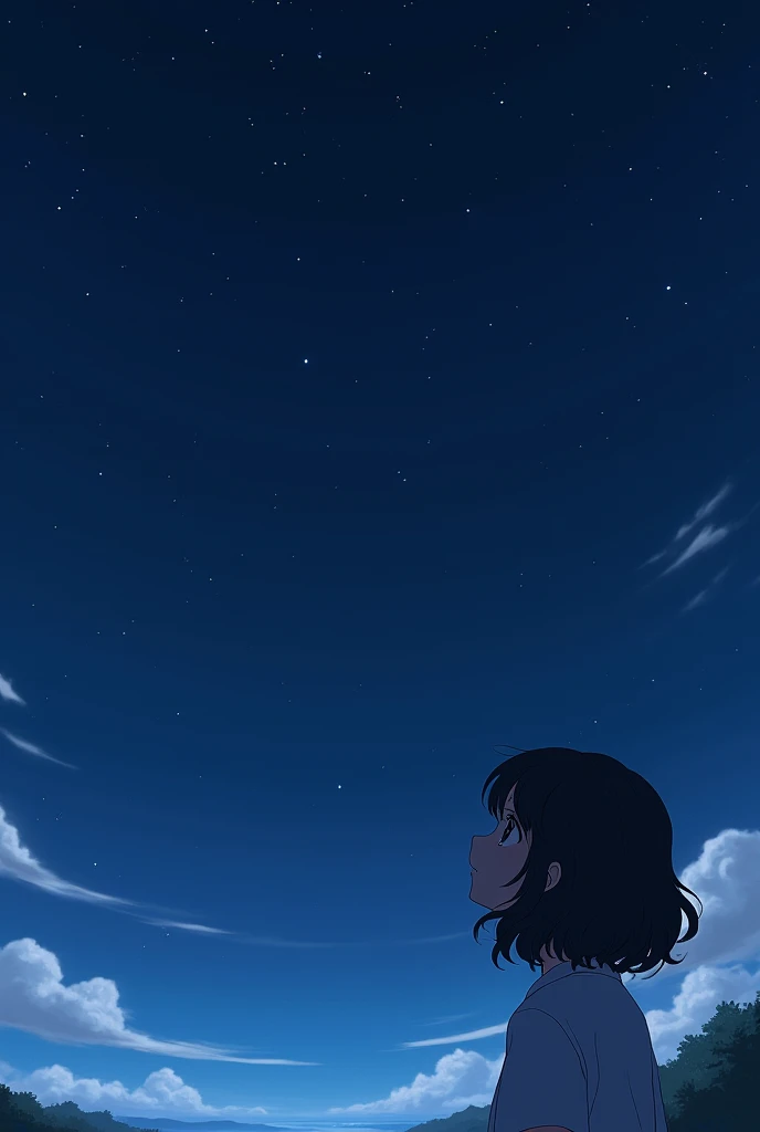 A girl with medium-long, slightly wavy black hair is looking up at the starry sky.、An image taken from a distance that shows the whole body