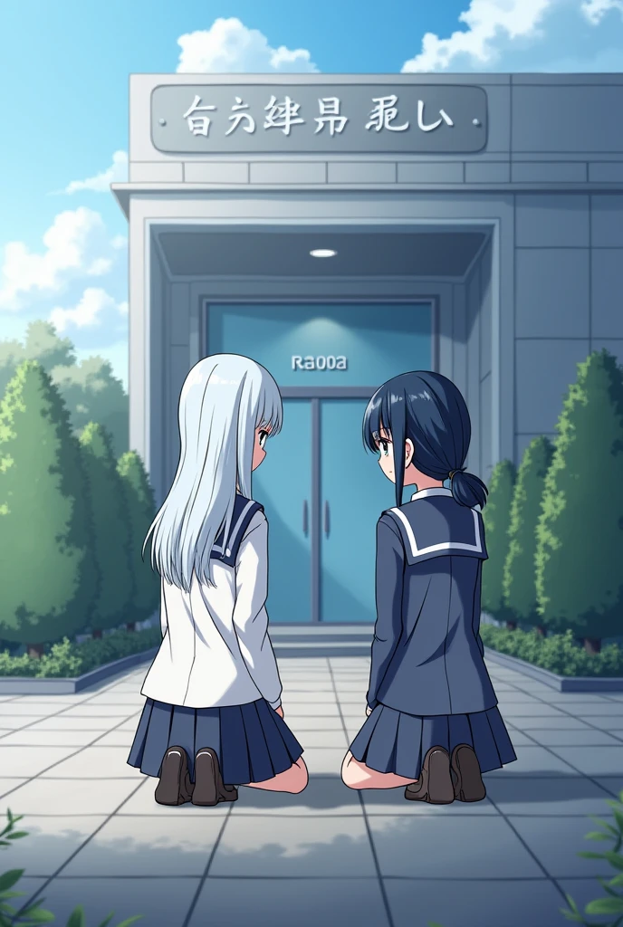 Checkpoint, Two girls kneeling in front of a company, one is white hair, blue eyes and the other is blueish black hair, dark green eyes.