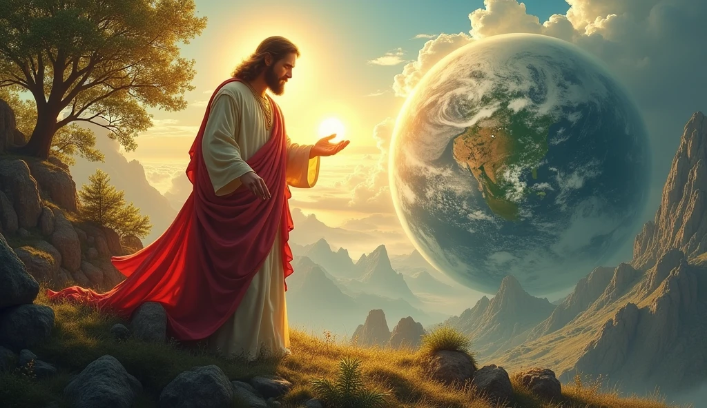 Create a work of art that depicts God the Father and Jesus Christ, Seu filho, celebrating the creation of the Earth together. God must be represented as a majestic figure, emanating divine light, while Jesus is at His side, holding the earth gently in His hands. The planet must be represented in impressive detail, showing the beauty of his creation. On the scene, place elements that symbolize nature and life on Earth, like trees, animals, rivers and mountains. The scene should convey a sense of joy, Love and gratitude for the creation of the world. The color palette should be vibrant and heavenly., evoking an atmosphere of celebration and reverence.