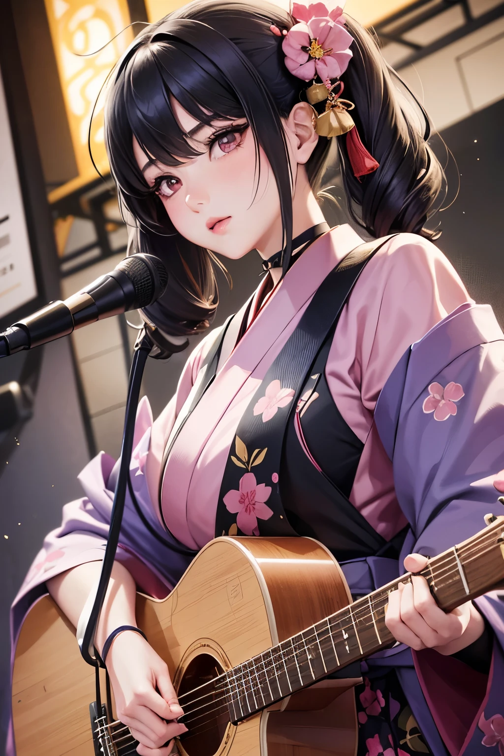 masterpiece, best quality, highly detailed, high resolution, expensive resolution, high resolution, 4K, 8k, Unity 8k wallpaper, highly detailed CG, masterpiece, 2D, 3D, beautiful details, depth, fine texture, best quality: 1.3, perfect focus, crispy skin, he, very cute anime girl, girl wearing a Japanese fancy floral haori hakama and playing guitar vocals in a band, ear mic, outdoor stage, full body, expensive black hair in short twin tails with pink inner, mole under eye, looking at the viewer, expensive, blush, mole, open lips,, heart shaped choker, pink eyes, guitar vocals, ear mic, stage