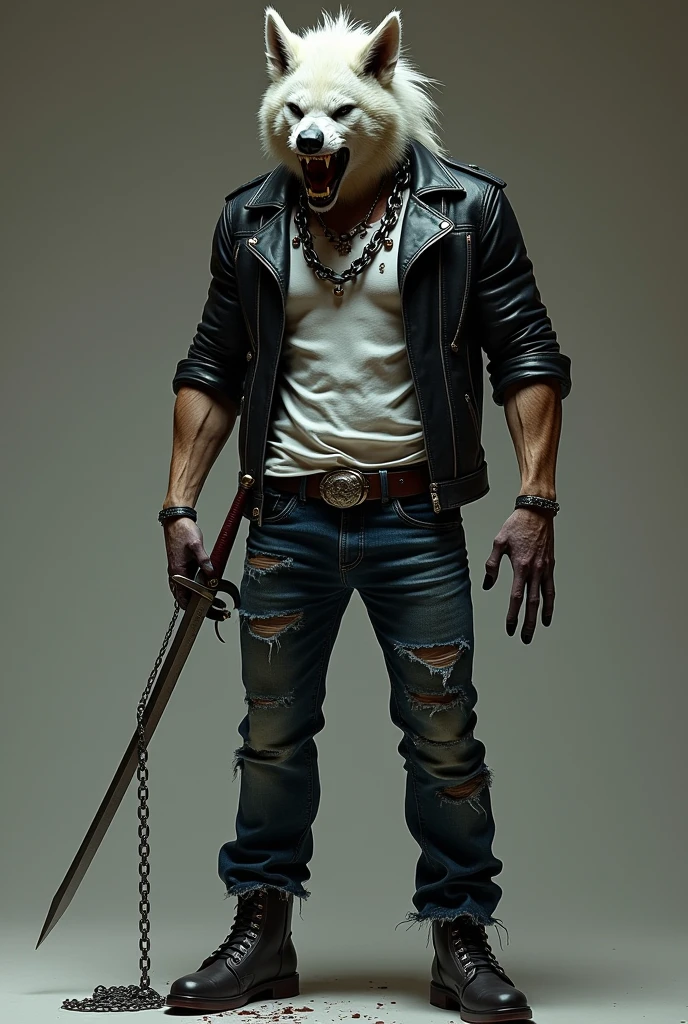 A pale-skinned vampire with the head of a werewolf and the body of a human, with chains around his neck and a ripped white t-shirt with a black leather jacket on top, jeans and boots, a belt around the waist holding a sword with a muscular body 