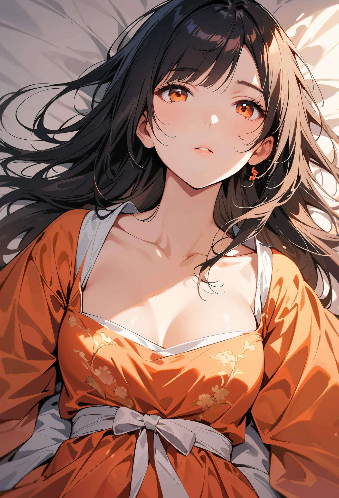 A beautiful Chinese woman, dressed in Hanfu and wearing an orange red embroidered dress with long black hair, lies on the bed facing up to the camera. She has exquisite facial features, delicate skin texture, high-definition photography with soft lighting and soft tones. in the style of soft tones.