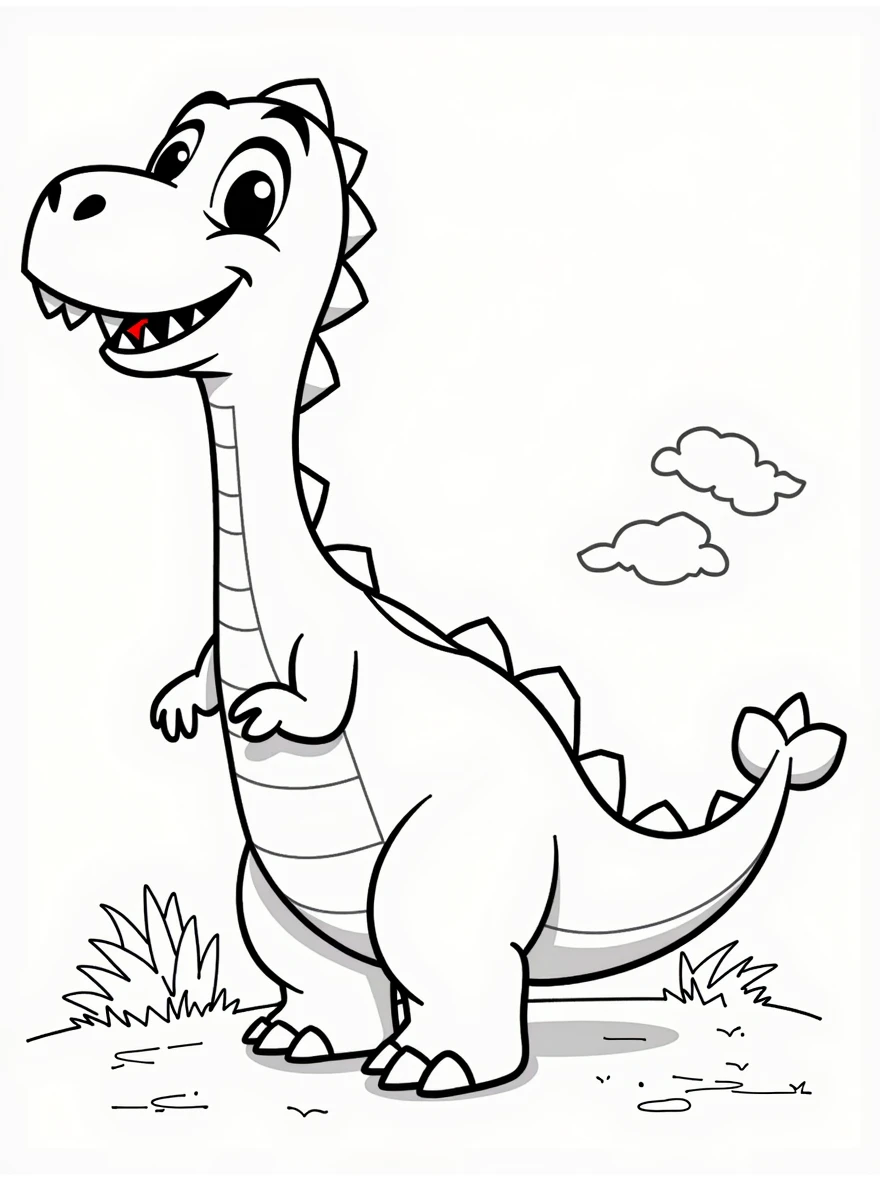 b&w lineart dinosaur disney style happy, minimalist style, park background, full body, picture, coloring book style on white background, well composed, clean coloring book page, No dither, no gradient, strong outline, No fill, No solids, vector illustration