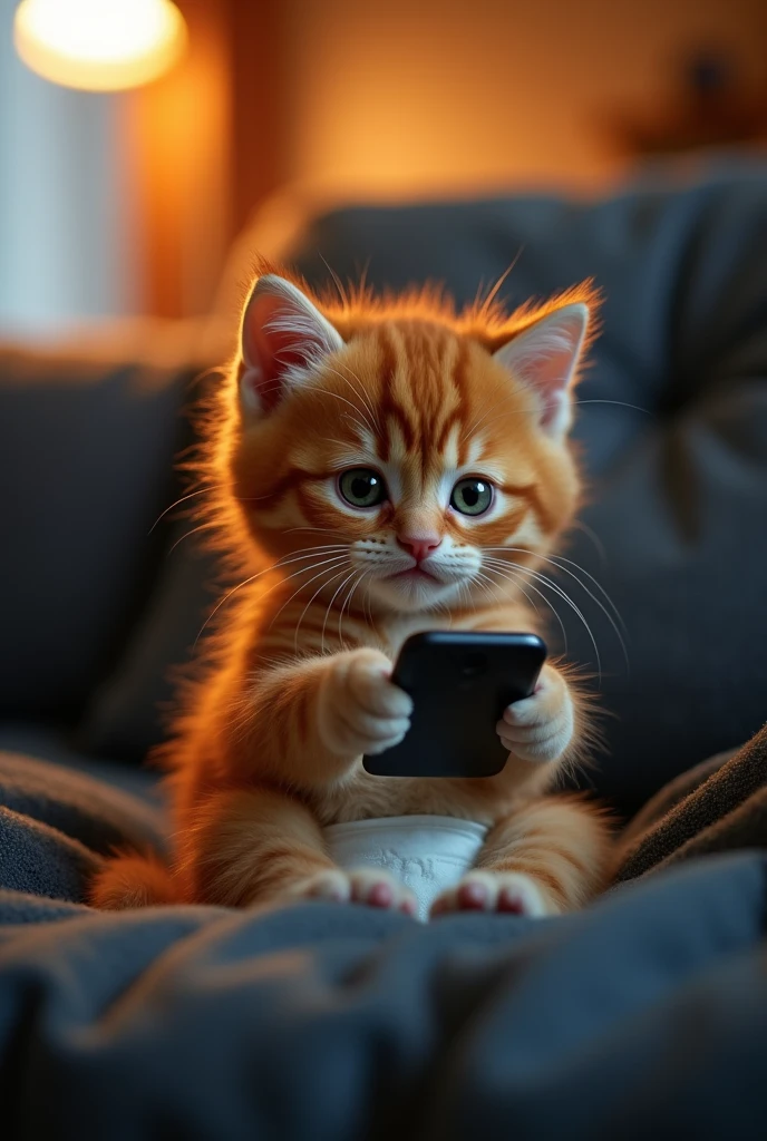 "An adorable kitten with orange fur and a sad expression is sitting on a sofa. The kitten is wearing a diaper and holding a mobile phone, with tears in its eyes. The scene is illuminated with warm ambient lighting, creating a melancholic but endearing atmosphere. "