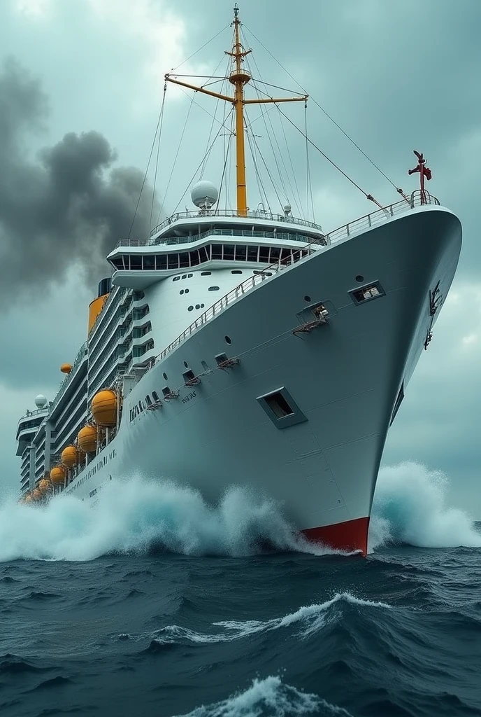 Cruise ship destroyed by storm, with two people crashing into a mast, a blonde and a redhead