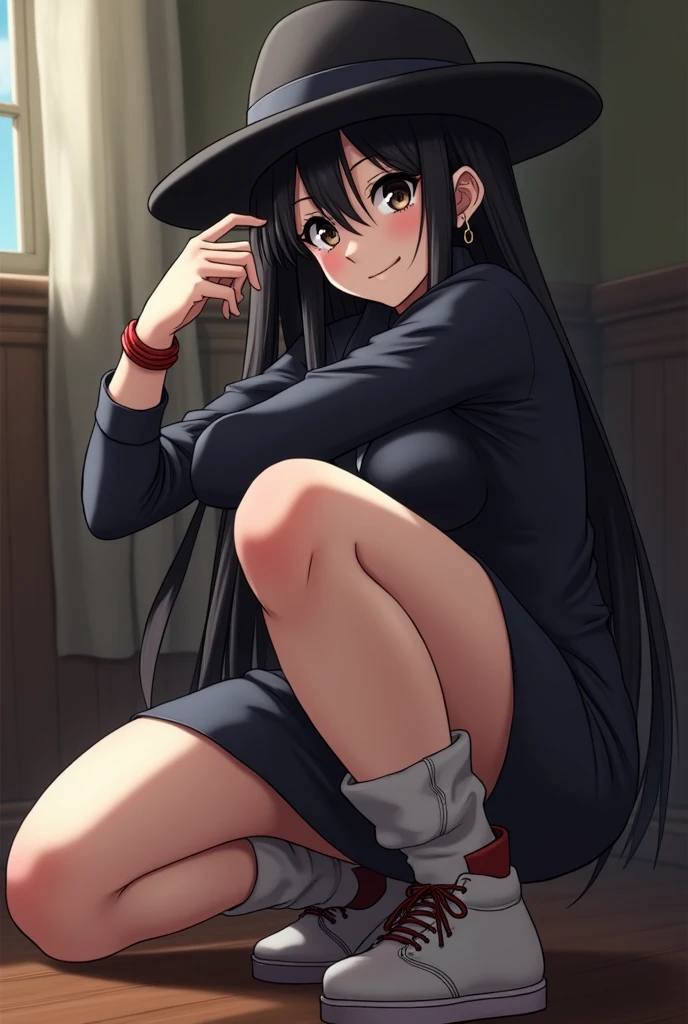mature anime girl, old woman, normal breasts, big ass long black hair, eyes black, hair between the eyes, jewelly, long sleeves, black hat, short dress, guy catching her by surprise while she was squatting and putting penis in vagina