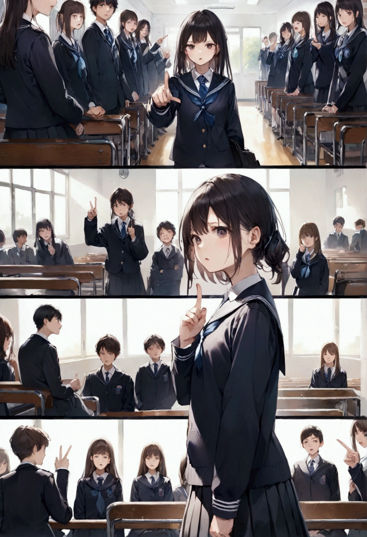 Generate me and image in which a school girl shouts at a school boy pointing her finger, all the students around them are staring at them in the silence. Everone are seated in their benches, except the girl standing. The school boy and school girl are of the same age and in the same uniform.