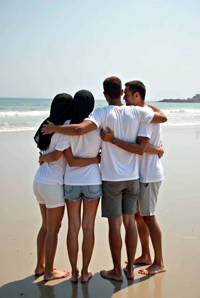 with black headscarf, 2 barefoot women, 3 men in white t-shirts hugging each other on the beach