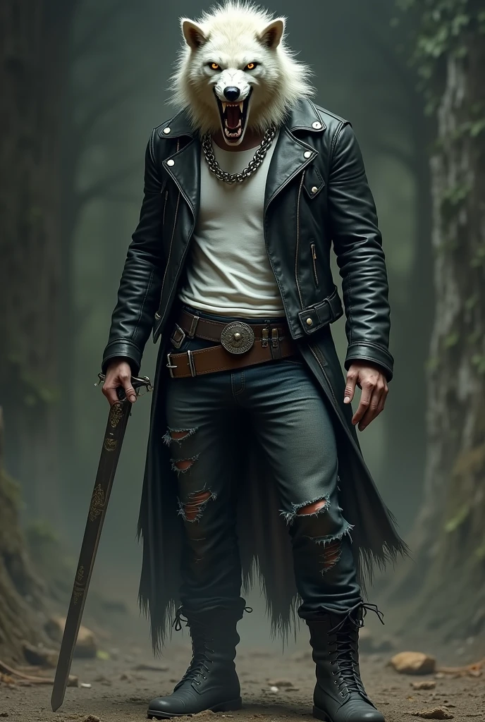 A pale-skinned vampire with the head of a werewolf and the body of a human, with chains around his neck and a ripped white t-shirt with a black leather jacket on top, jeans and boots, a belt around the waist holding a sword with a muscular body 