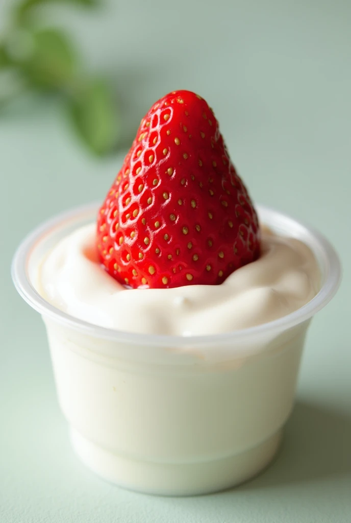 Fresh strawberry, a little bit of Greek yogurt in plastic cup size 12 oz Vertical view