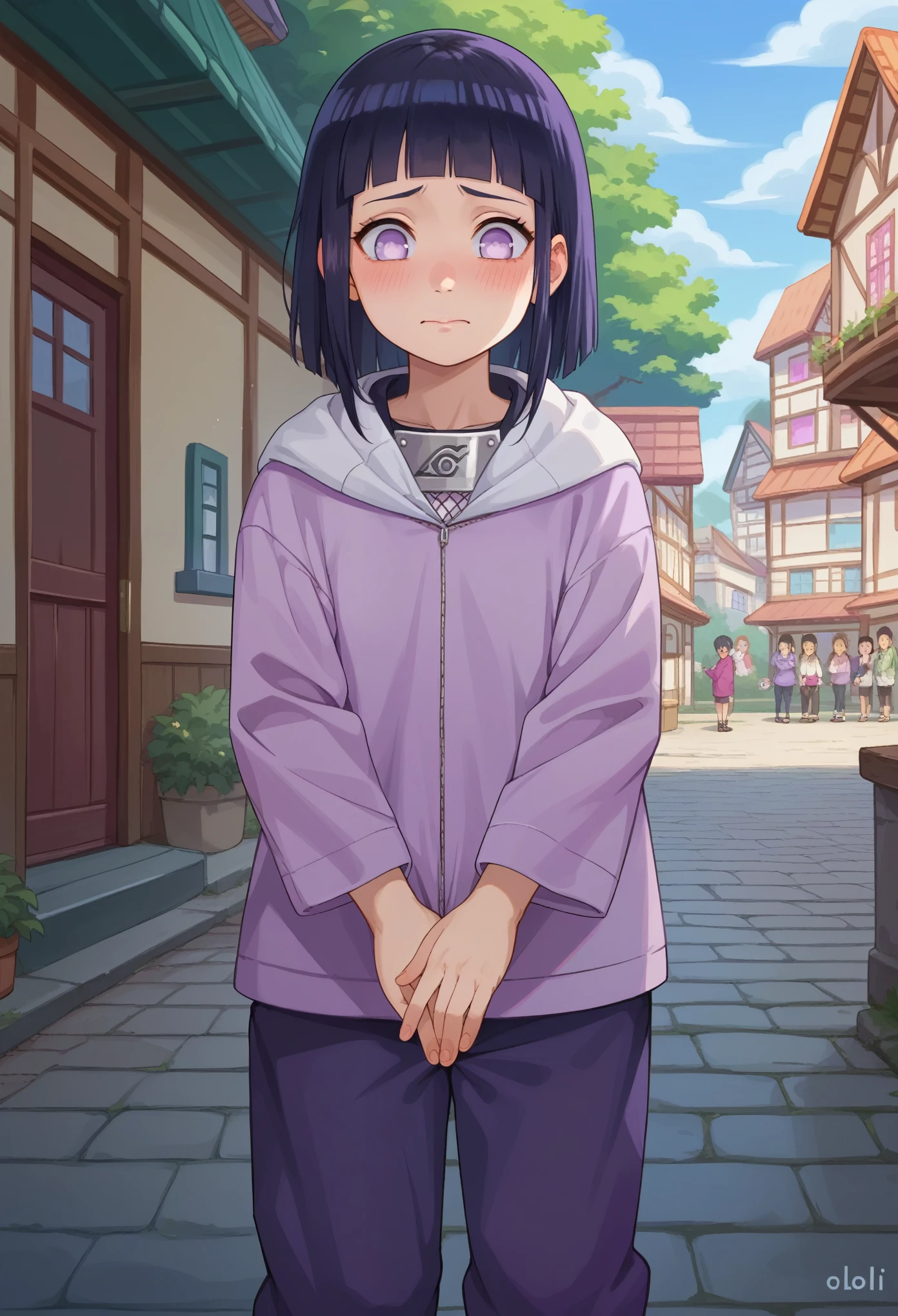 score_9, score_8_up, score_7_up, 1girl solo, (loli:1.5), kid, flat chest, oversized clothes, hinataSDXL, medium hair, black hair, purple eyes, skinny, white eyes, pants, purple jacket, hood, long sleeves, no pants, without pants, bare bottom, forehead protector, konohagakure symbol, hyuuga hinata, shaking, standing, blushing,nervous, happy, hands on crotch, looking down, tradicional village