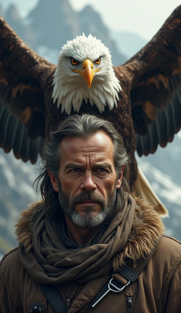 Realistic man and eagle in one picture 