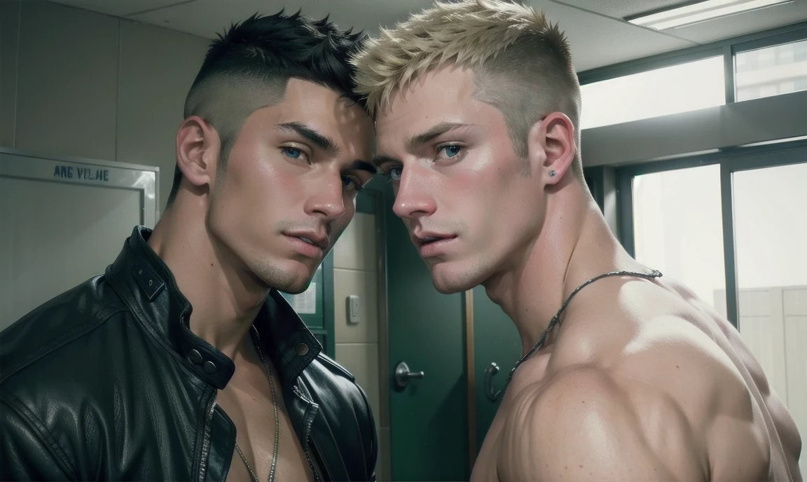 [((highly detailed, detailed eyes, detailed face, clear and realistic facial features, photorealistic, realistic light; cinematic)), Austin is an handsome masculine intimidating 18-year-old Puerto Rican punk with blue-green eyes who wears a tough leather outfit and has black hair that is shaved at the sides and tinted red on top. James is a sexy masculine confident 18-year-old Caucasian jock with brown eyes who wears a varsity jacket and has blond hair in an undercut. Austin and James stand in a school hallway leaning in and looking at each other with tension between them as Austin glares menacingly and James look smug and wears a smirk.]