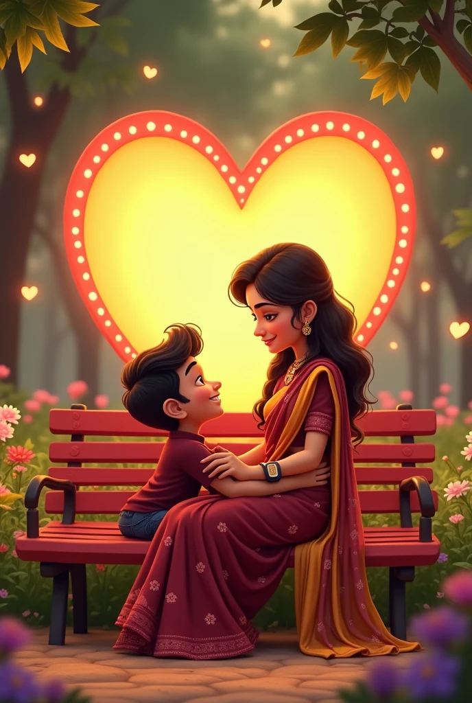 20 years old comic girl is sitting on red colour banch in a beautiful park and 20 year old comic boy is lying on girl lap looking each other with smile in love Park, littel down in your wast, beautiful big 3d lighting love hart in background, beautiful flowers in park. boy wearing maroon shirt. The girl wearing maroon and yellow flowers printed sari, with smart watch. with name "khushi & Abhi" written on heart. they are looking so Pretty, cute, indian, beautiful chest. High quality 4k pictures”