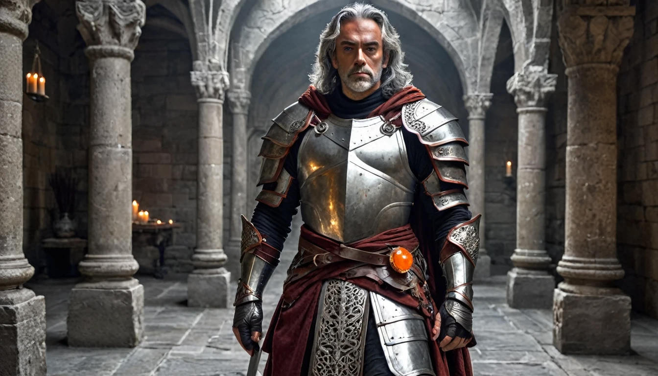 ((masterpiece, The silver armor is intricately decorated and not intended for combat.,Gorgeous filigree armor, Detailed fantasy armor)), Inside a stone building, Stone slabs scattered on the floor, A muscular man in armor walking towards the front, dim, Gray Hair, Candles along the walls light up the room., He holds a large, twisted, dark red rapier in his hand., Wearing a dirty cloak, Under his armor he wears a dirty dark red loincloth.、The front is empty,There are three small orange gems lined up on the chest., White metal decoration on shoulder