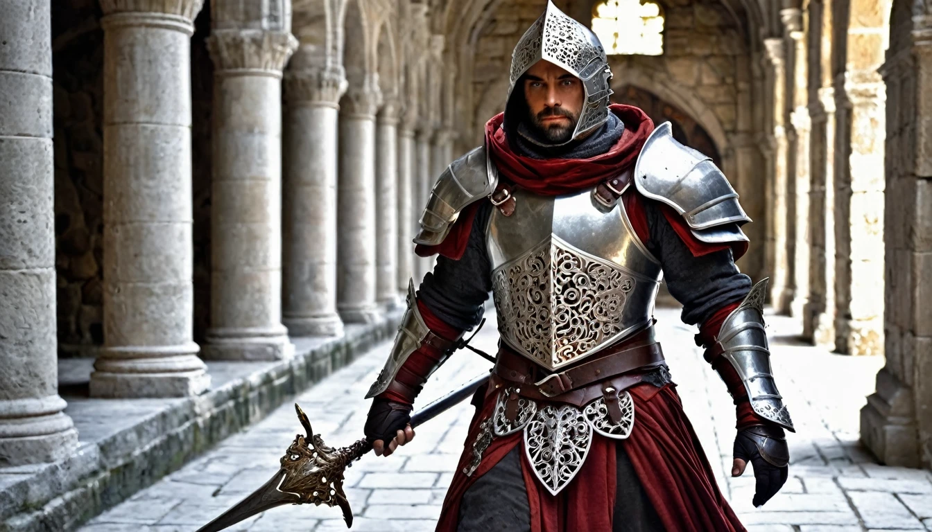 ((masterpiece, The silver armor is intricately decorated and not intended for combat.,Gorgeous filigree armor, Detailed fantasy armor)), Inside a stone building, Stone slabs scattered on the floor, A muscular man in armor walking towards the front, dim, Gray Hair, Candles along the walls light up the room., He holds a large, twisted, dark red rapier in his hand., Wearing a dirty cloak, Under his armor he wears a dirty dark red loincloth.、The front is empty,There are three small orange gems lined up on the chest., White metal decoration on shoulder
