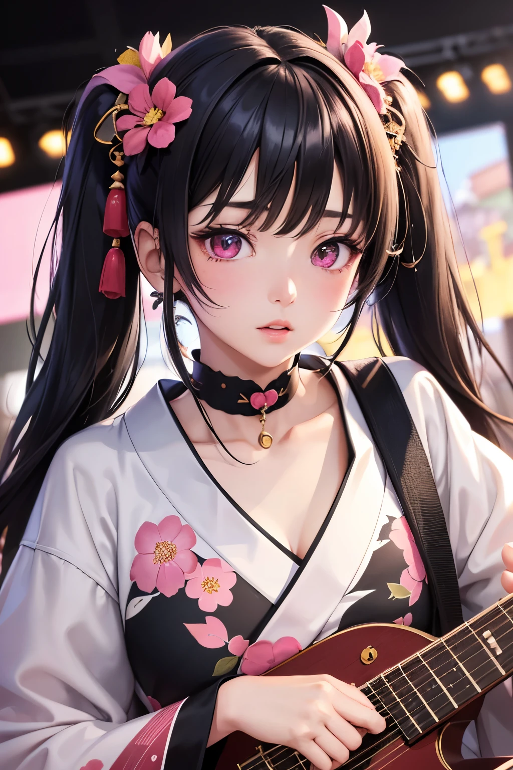masterpiece, best quality, highly detailed, high resolution, expensive resolution, high resolution, 4K, 8k, Unity 8k wallpaper, highly detailed CG, masterpiece, 2D, 3D, beautiful details, depth, fine texture, best quality: 1.3, perfect focus, crispy skin, he, very cute anime girl, girl wearing a Japanese fancy floral haori hakama and playing guitar vocals in a band, ear mic, outdoor stage, full body, expensive black hair in short twin tails with pink inner, mole under eye, looking at the viewer, expensive, blush, mole, open lips,, heart shaped choker, pink eyes, guitar vocals, ear mic, stage