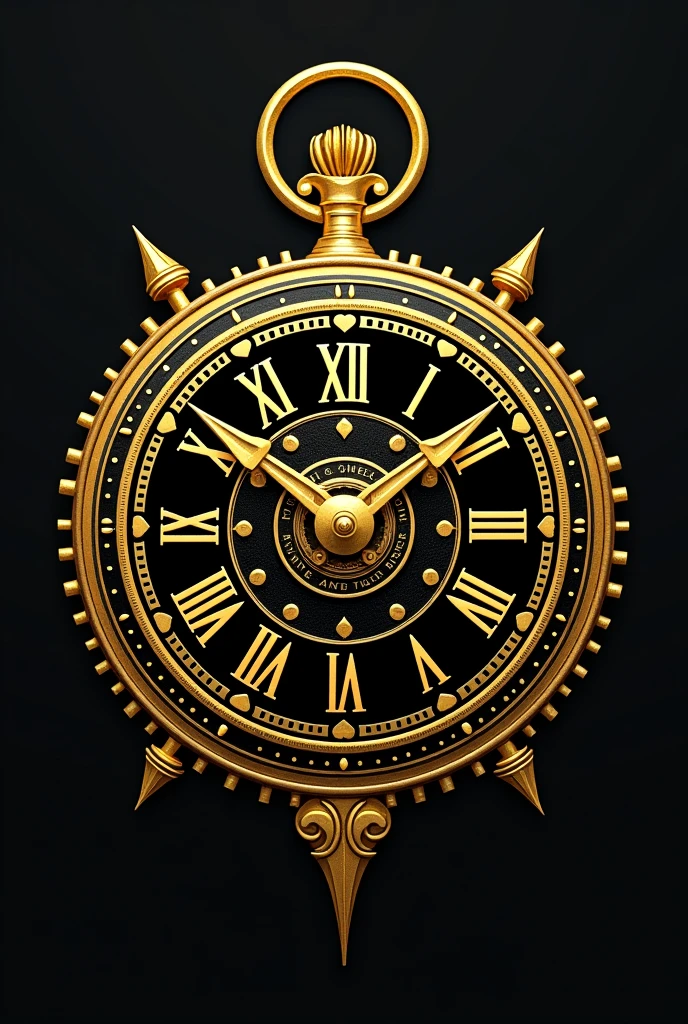 Logo named Deus ex Machina, Have "Deus ex Machine", with time travel style, main color is gold, clock image, stylized clock hands.
