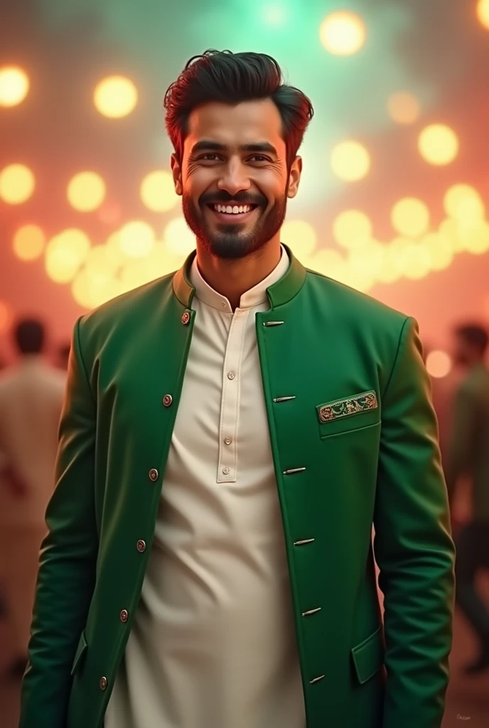 a handsome beautifull pakistani man,He is dressed in a outfit of white kurta shalwar and green coat or jacket
, embodying the essence of "Jash e Azadi." The background with blur lights and celebrations representing the festive spirit of independence. ..