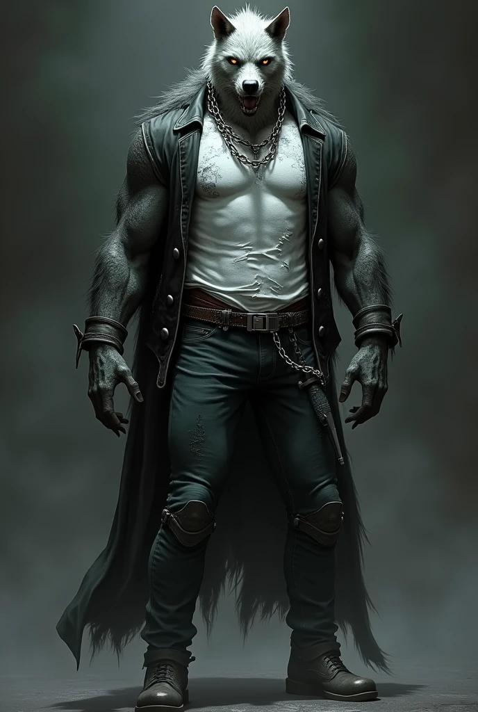 A pale-skinned vampire with the head of a werewolf and the body of a human, with chains around his neck and a ripped white t-shirt with a black leather jacket on top, jeans and boots, a belt with a sword with a muscular body