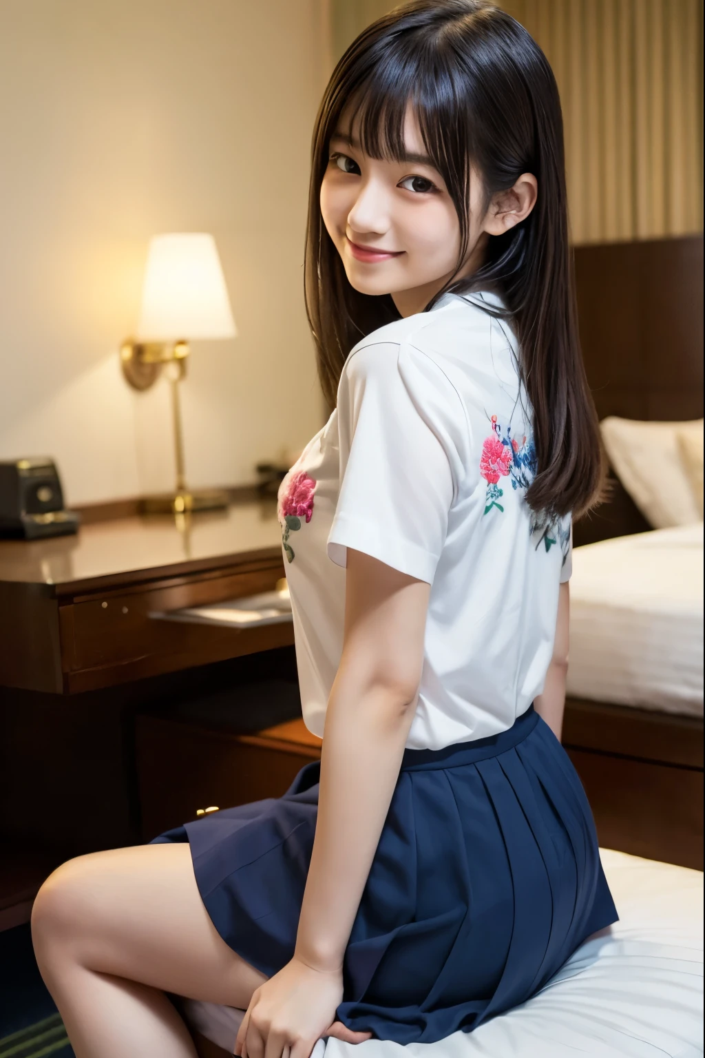 1 young girl,very cute and beautiful japanese teen actress,highly detailed beautiful face, looking at viewer,smile,beautiful calf,solo,arms behind back, white blouse,kawaii navy blue skirt with intricate detailed floral embroidery,sitting on bed,spread legs, hotel room,real person,photorealistic