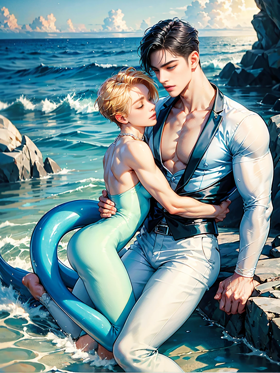 Two gay boys, first A handsome 20 years old man, little merman, sexy merman, blue tail, short blond hair, came from the ocean kingdom, very handsome, big eyes, masculine look, muscular, model , washed ashore, sexy and toned body, perfectly shaved, full body, wearing pearl necklace, merman saves the human prince, second human prince wearing white shirt and black pants, human prince with his black hair, human prince with his eyes closed unconscious, merman hugs and kisses the human prince, merman saves the human prince from the storm
