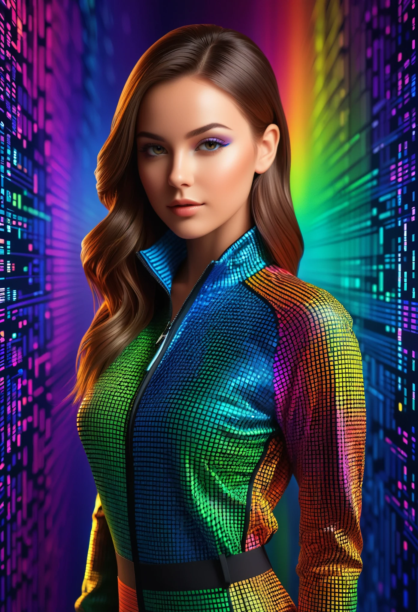 3D render a girl wearing a jumpsuit, the background is a wall of rainbowish binary code, vibrant colors, beautiful 3D illustration by MSchiffer, intricately detailed, focus on face, detailed face, sharp image