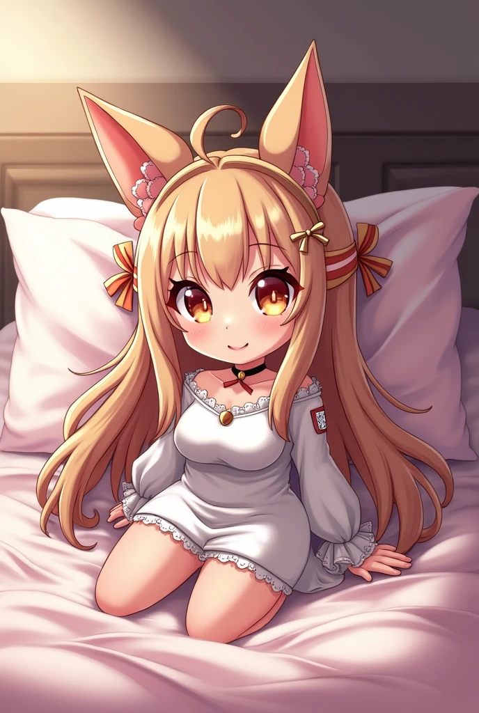 ((illustration)),(((masterpiece))),((Best Quality)),(High resolution), Hignity 8K Wallpaper, ((Tchibi)), (beautiful detailed eyes),(A High resolution), reflective fur,Paimundev, big breasts，neckline，standing, lie down on the bed，the original god，paimon，Off the shoulder clothing