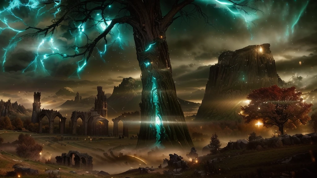 There is a big tree in the middle of the field., Elden Ring Cinematic Lighting, Stunning Arcana Background, Elden Ring concept art, fantastic screenshot art, Elden Ring Capitol, Complex and epic composition, Epic dreamy fantasy landscape, Elden Ring Art, Elden Ringbosch, Magnificent and wonderful atmosphere, 8k hd wallpaper jpeg artifacts