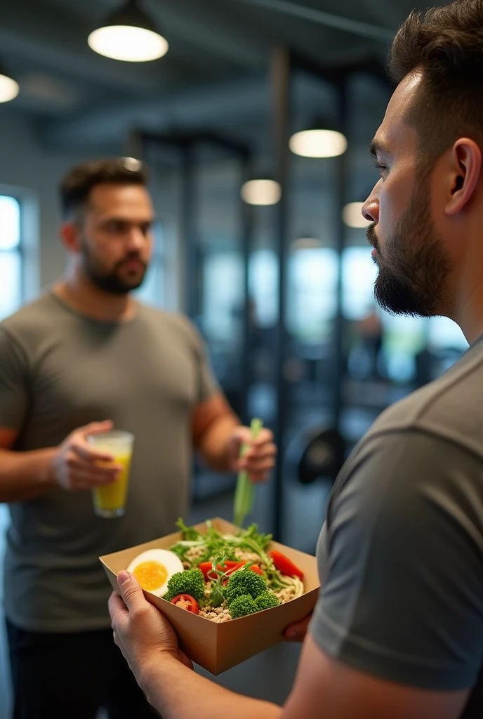 fat asian guy in the gym, eating keto food, he saw the mirror, in the mirror he saw the future of himself looks slim and healthy, keto food, detox juice, the food is in the brown paper bowl, delivery food