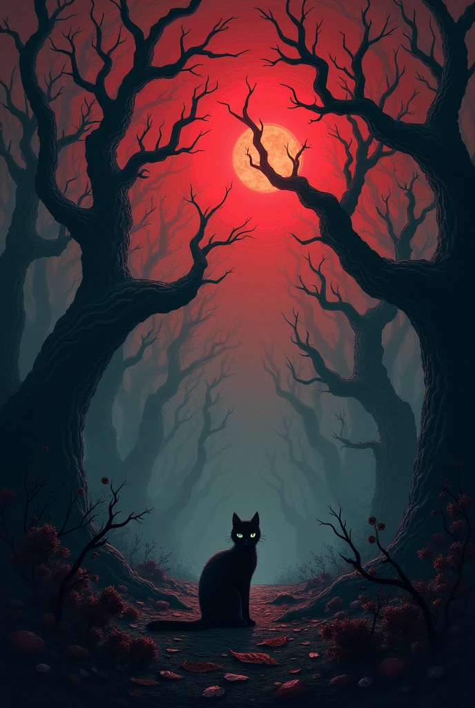 Dense forest, terrible trees, many branches hanging from the trees, broken branches on the ground, scattered leaves, insects are crawling on the ground, the sky is turning from red to black, a cat is sitting in front of the tree,make real.