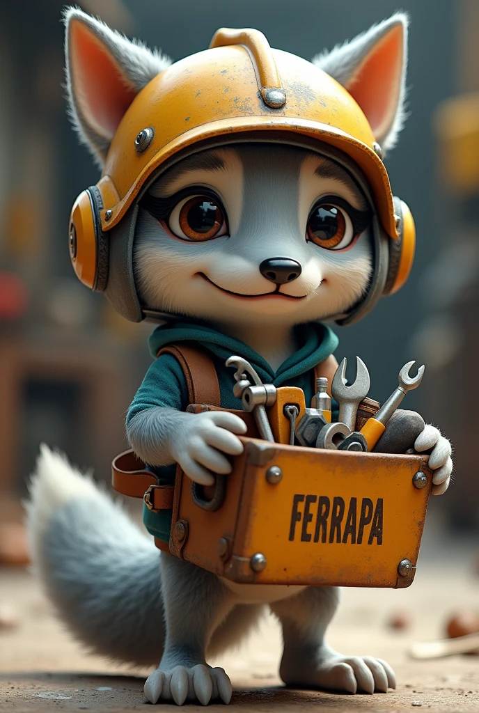 A little wolf with a helmet and a toolbox with the FERRAPA logo