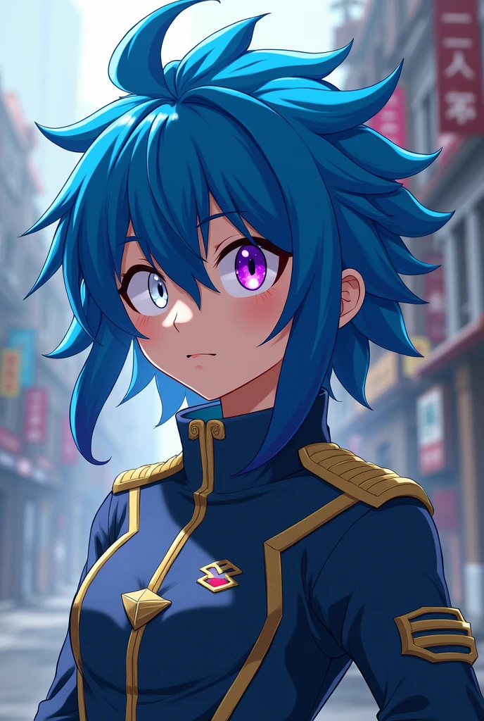 17 year old blue haired half dragon teenager,a little muscular,with a black streak in her hair,one eye white and the other dark purple,high with BNHA style and Deku uniform