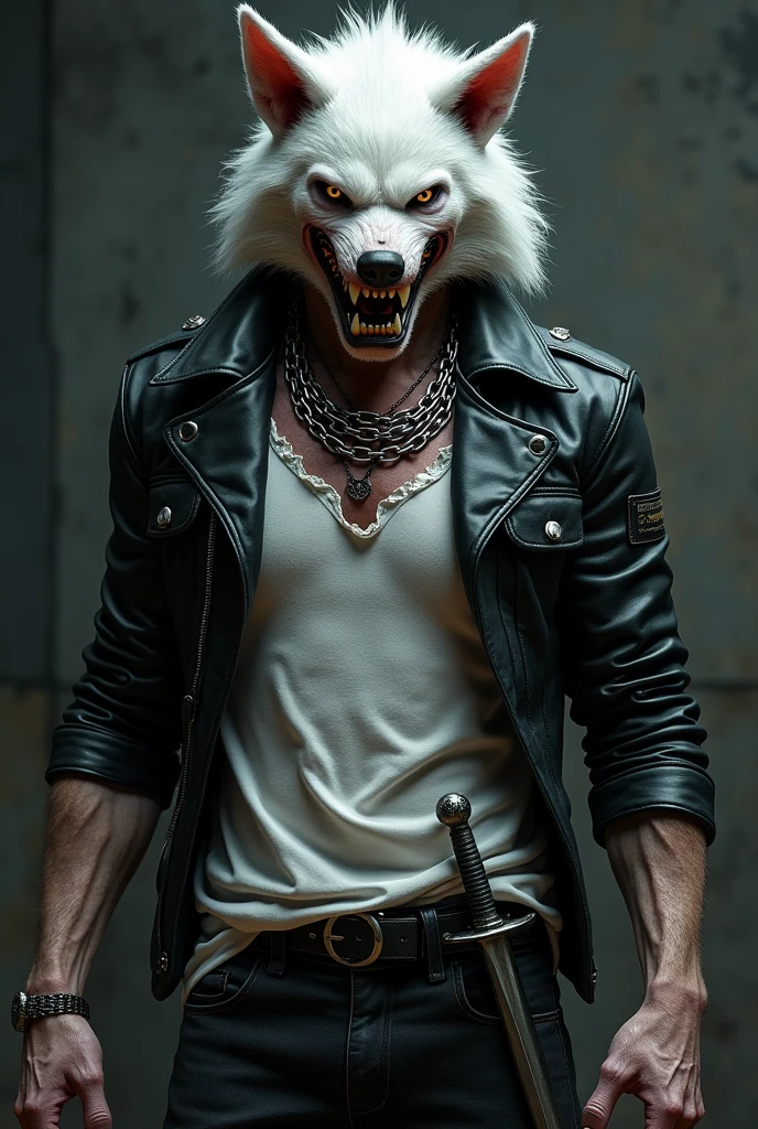 A pale-skinned vampire with the head of a werewolf and the body of a human, with chains around his neck and a ripped white t-shirt with a black leather jacket on top, jeans and boots, a belt with a sword with a muscular body