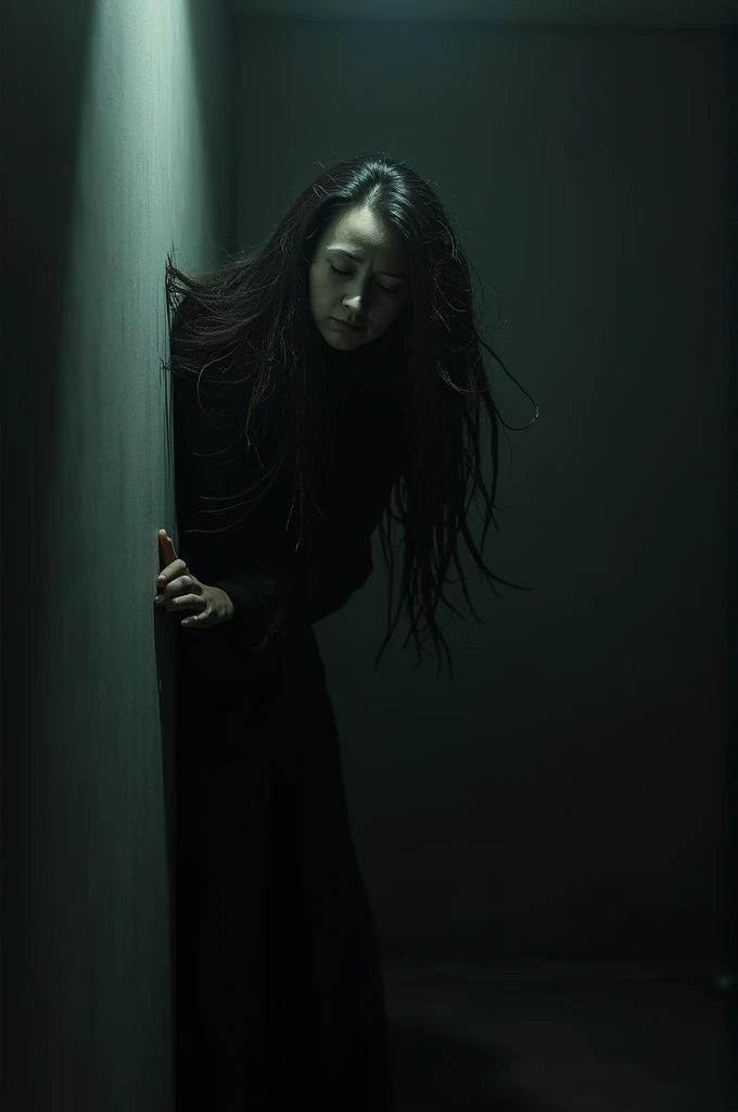a strange woman had a flat face and tangled hair peeking out in the corner of the room