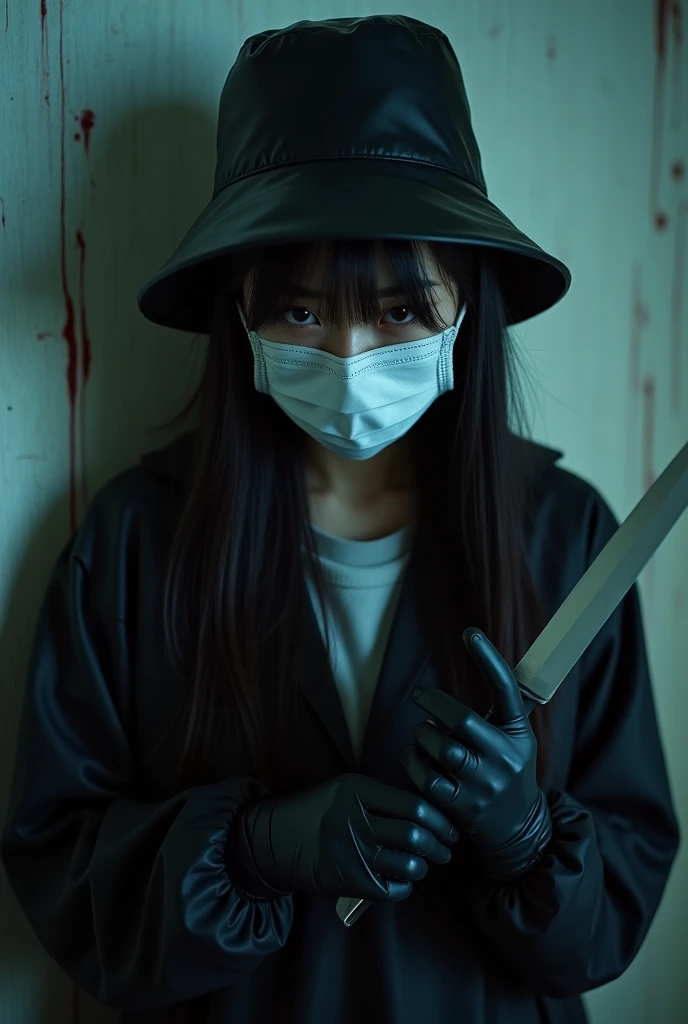 korean girl, (behind corpse, surgical mask), holding knife, stabbing, black gloves, room full of blood, black raincoat, bucket hat, holding knife, black gloves, behind corpse, blood splatter, long bangs, in the hotel, black wet suit, night, mass murderer, killer, robbery, dark atmosphere, cinematic lighting, atmospheric realistic, close-up,