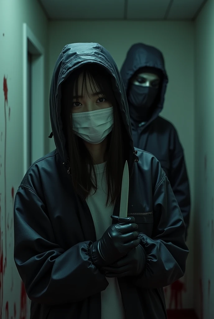 korean girl, (behind corpse, surgical mask), holding knife, stabbing, black gloves, room full of blood, black raincoat, bucket hat, holding knife, black gloves, behind corpse, blood splatter, long bangs, in the hotel, black wet suit, night, mass murderer, killer, robbery, dark atmosphere, cinematic lighting, atmospheric realistic, close-up,