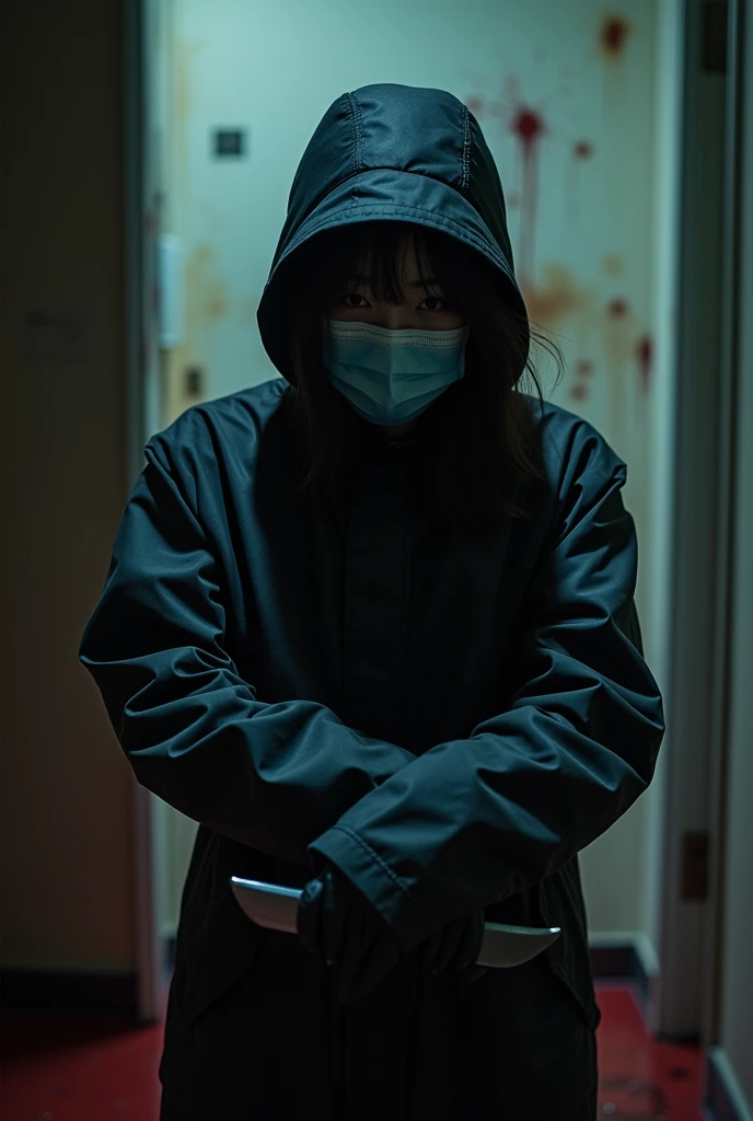 korean girl, (behind corpse, surgical mask), holding knife, stabbing, black gloves, room full of blood, black raincoat, bucket hat, holding knife, black gloves, behind corpse, blood splatter, long bangs, in the hotel, black wet suit, night, mass murderer, killer, robbery, dark atmosphere, cinematic lighting, atmospheric realistic, close-up,