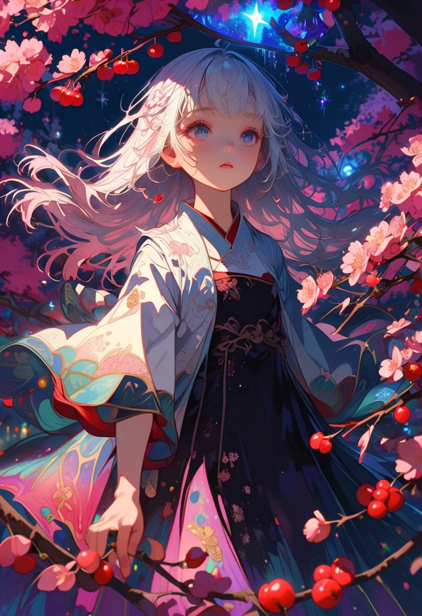 An old cherry tree is glowing brightly, healthy canopy, many cherry blossoms, cherry blossoms flying everywhere, magical night scene, glowing fireflies, surrounded by sparkling glass water , vibrant, pink and red, blue and black colors blend, detailed, clear, meticulous, a beautiful girl with long, bright white hair, loose hair falling around the base of the cherry tree, girl small compared to the tall cherry tree,, Mysterious