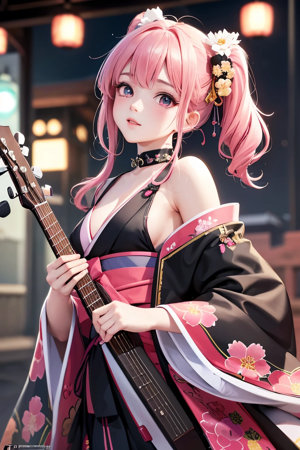 masterpiece, best quality, very detailed, high resolution, expensive resolution, high resolution, 4K, 8k, Unity 8k wallpaper, highly detailed CG, masterpiece, 2D, 3D, beautiful details, depth, fine texture, best quality: 1.3, perfect focus, crispy skin, he,
Very cute anime girl, girl playing guitar vocals in a band wearing a Japanese fancy floral haori hakama, on outdoor stage, full body, expensive pink and black short twin tail hair, mole under eye, looking at the viewer, expensive, blush, mole, lips open, , heart choker, pink eyes, guitar vocals, stage