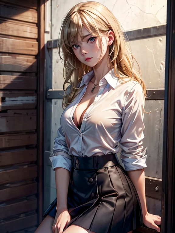 best quality, ultra high res, (photorealistic:1.4), 1girl, button shirt, black skirt, school, dark brown hair, small breasts cleavage, (blonde hair:1.2), looking at viewer, (highly detailed face:1.1),, (PureErosFace_V1:0.8),tiktok,