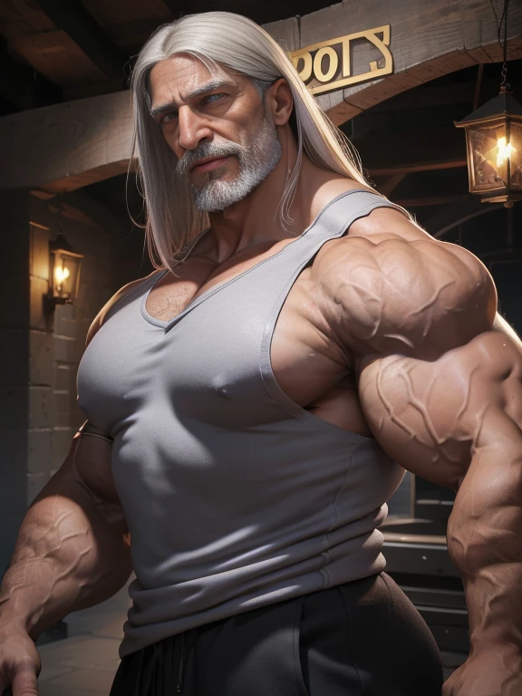 Old man, JP, An award-winning original photo, ( brown skin color), long gray hair, full white beard, A wild muscular old man, (80 years old daddy:1.1), sexy old daddy, 1boy, Solo, (tanktop), (big shoulders), musculature, stubbles, dark skin, long grey hair, thick grey beard, Detailed face, (evil smile), blue eyes, veins, wrinkles, big old man nose, nose with pronounced bridge and outward curve that protrudes from the base of the nose, dark olive skin color, brown skin, veins, absurdly huge nose, hawk nose, convex nose, well groomed moustache, (flexing his biceps), Dynamic Angle, volumetric lighting, (Best quality, A high resolution, Photorealistic), Cinematic lighting, Masterpiece, RAW photo, Intricate details, hdr, upper body shot