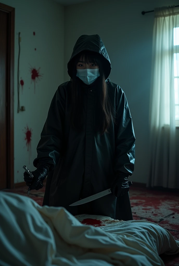 korean girl, (behind corpse, surgical mask), holding knife, stabbing, black gloves, room full of blood, black raincoat, plump, hood up, holding knife, black gloves, behind corpse, blood splatter, bondage, long bangs, bed room, black wet suit, night, mass murderer, killer, robbery, dark atmosphere, cinematic lighting, atmospheric realistic, light from the window close-up,