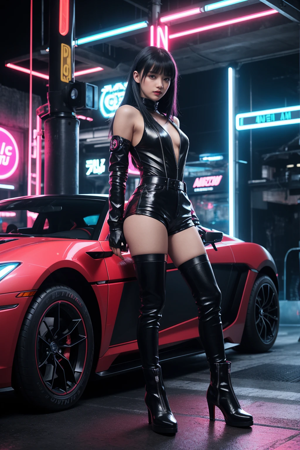 A girl posing in front of a neon-lit sports car. They are wearing bright, colorful outfits with a futuristic, cyberpunk aesthetic. The overall mood is playful and energetic. Silver boots, black pica hair with bangs, jean Paul Gaultier, clut studio, the themed color is black and red maroon