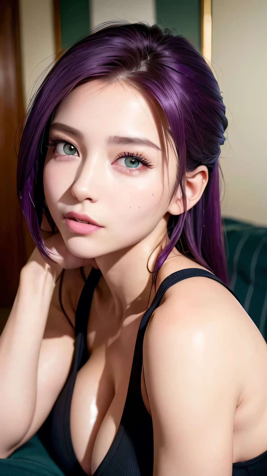 (High resolution:1.4),(Highest quality:1.4),(masterpiece:1.4),(Beautiful big boobs:1.1), (Beautiful woman:1.2),(Purple Hair:1.1),Bob Hair,Green Eyes,Moles around the mouth, (Sweat:1),(Excited:1.2), (Embarrassing:1.2),(Sexual Ecstasy Face:1.2),(Beautiful Face:1.2),(Perfect body:1.1)(Beautiful breasts:1.1),(Tank top:1),choker,On the bed, Seductive pose, wariza,Lace panties, I can see a little cleavage, Distinctive facial features