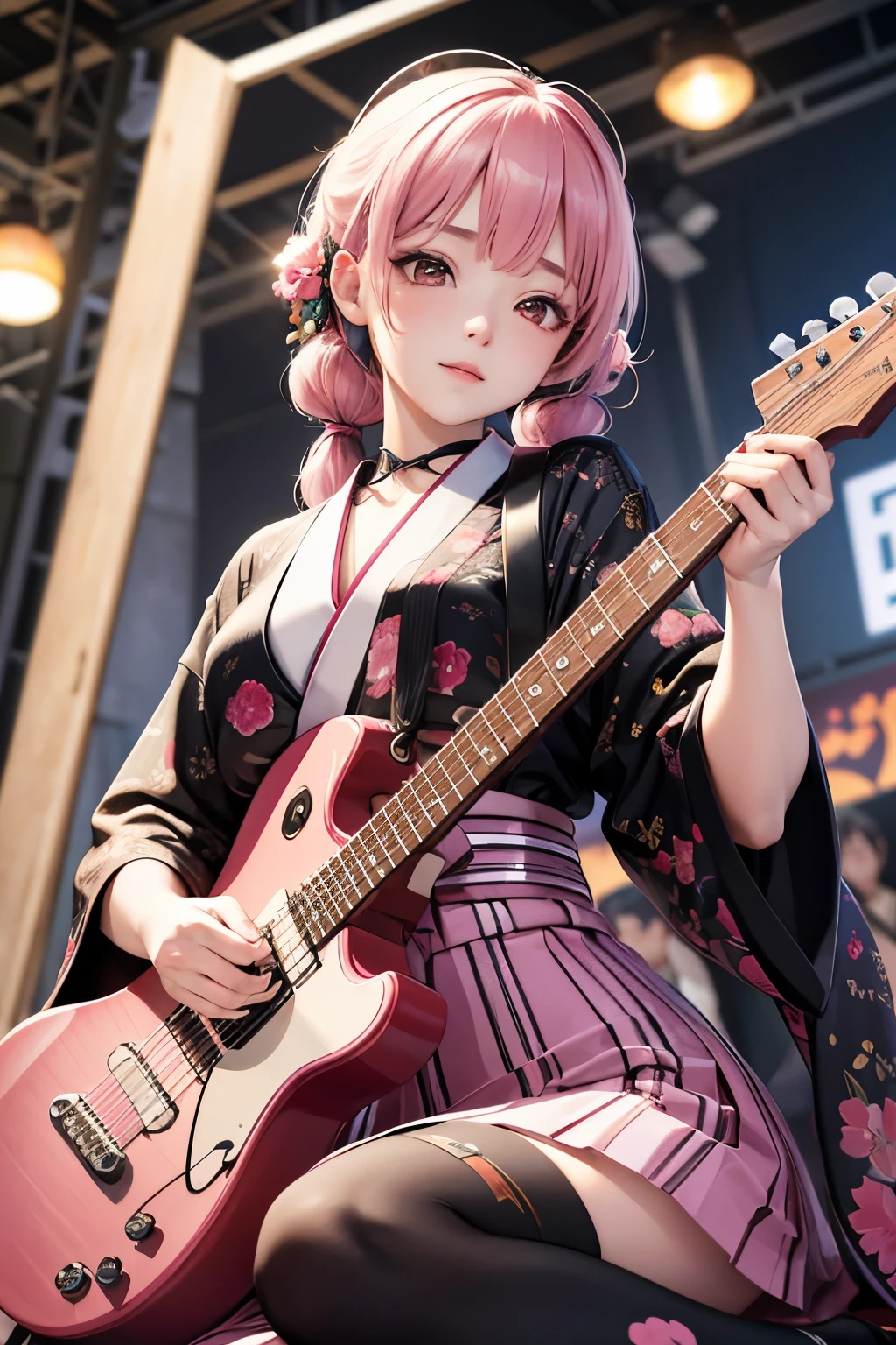 masterpiece, best quality, very detailed, high resolution, expensive resolution, high resolution, 4K, 8k, Unity 8k wallpaper, highly detailed CG, masterpiece, 2D, 3D, beautiful details, depth, fine texture, best quality: 1.3, perfect focus, crispy skin, he,
Very cute anime girl, girl playing guitar vocals in a band wearing a Japanese fancy floral haori hakama, on outdoor stage, full body, expensive pink and black short twin tail hair, mole under eye, looking at the viewer, expensive, blush, mole, lips open, , heart choker, pink eyes, guitar vocals, stage