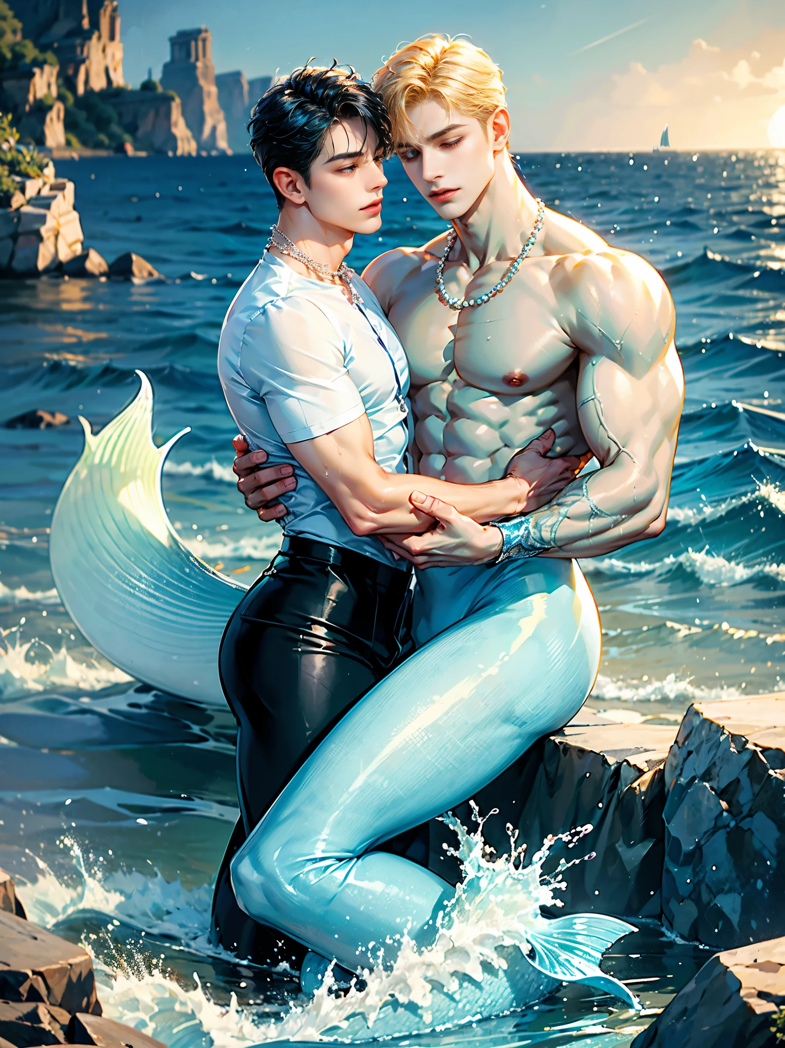 Two gay boys, first A handsome 20 years old man, little merman, sexy merman, blue tail, short blond hair, came from the ocean kingdom, very handsome, big eyes, masculine look, muscular, model , washed ashore, sexy and toned body, perfectly shaved, full body, wearing pearl necklace, merman saves the human prince, second human prince wearing white shirt and black pants, human prince with his black hair, human prince with his eyes closed unconscious, merman hugs and kisses the human prince, merman saves the human prince from the storm